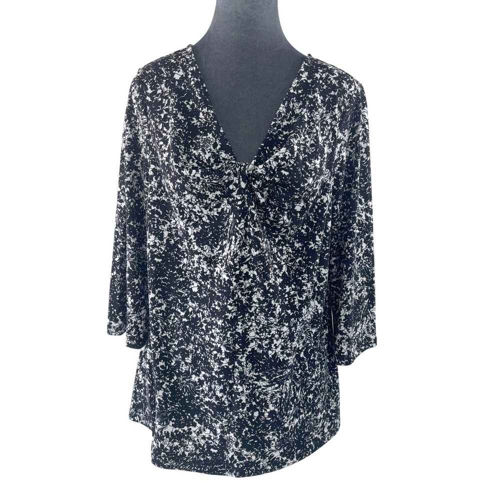 Ann Taylor XL Black White Abstract Floral Twisted V-Neck Y2K Chic 3/4 Sleeve Top